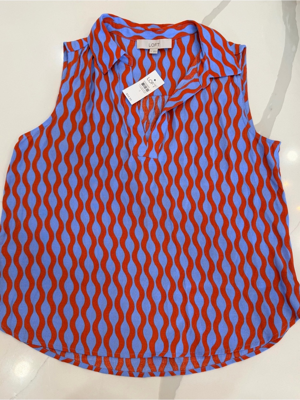 LOFT Blue and Red Wave-Print Sleeveless Collared Tank